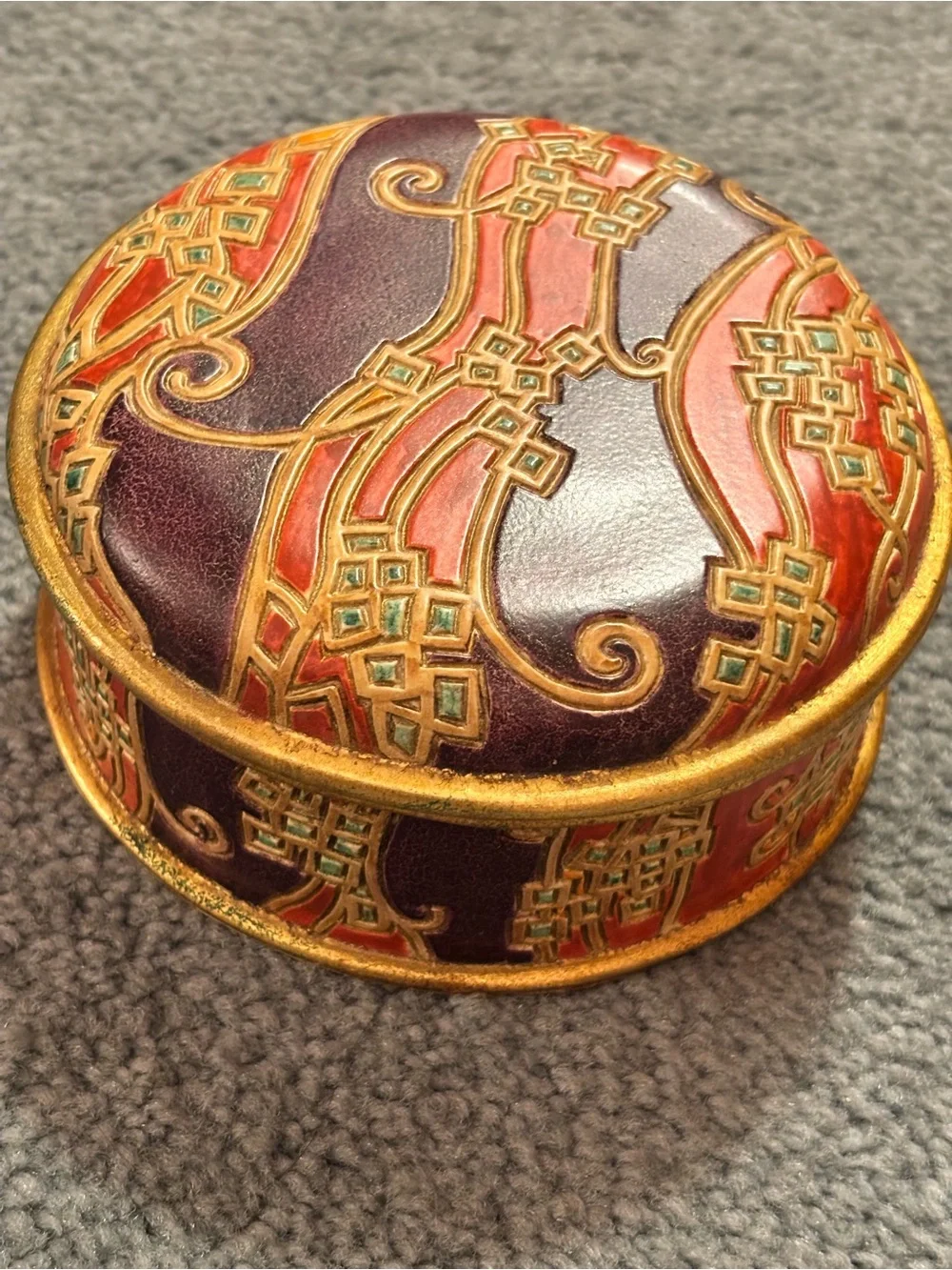 Decorative Round Trinket Box — Purple & Red Enamel with Gold Accents